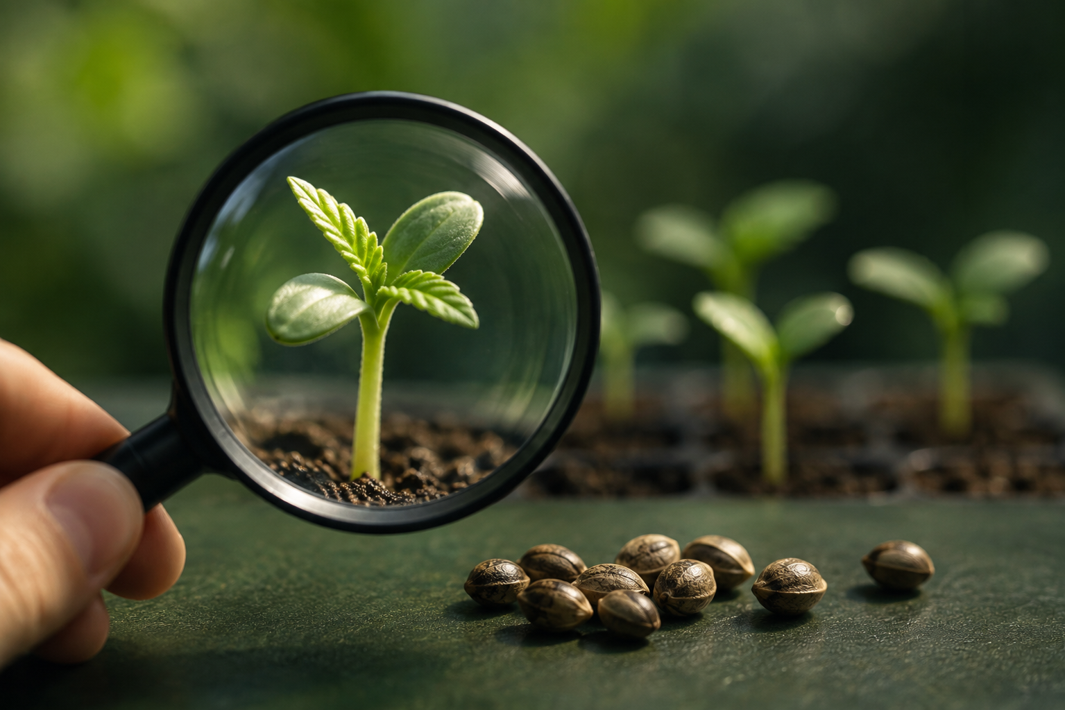 Magnifying glass over a cannabis seedling next to seeds